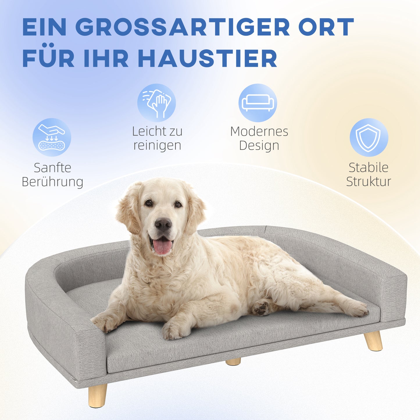PawHut Hundesofa für große Hunde bis 30 kg, gepolsterte, Kiefernholzbeine, 98 x 67 x 25 cm, Grau