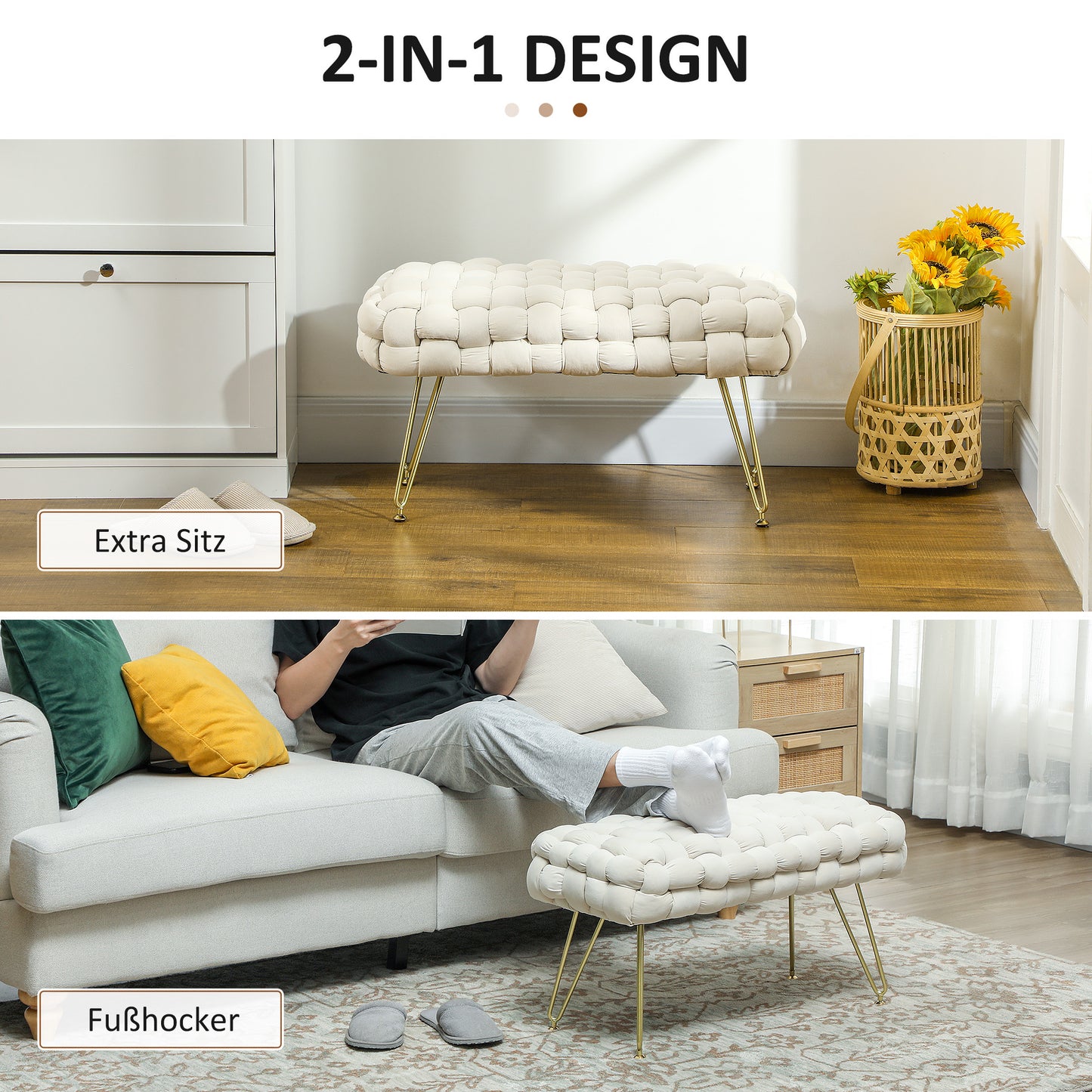 HOMCOM Moderner Sitzhocker mit Metallbeinen, gepolstertem Sitz, für Wohnzimmer, Schlafzimmer, Flur, Cremeweiß
