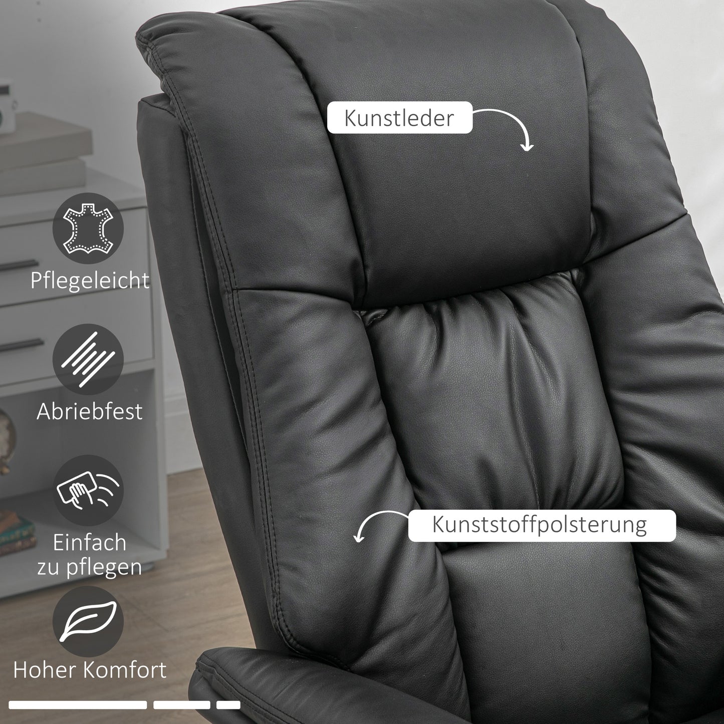 HOMCOM Relaxsessel mit Ottomane, Sessel mit Fußhocker, verstellbare Rückenlehne, 77 cm x 89 cm x 110 cm, Schwarz