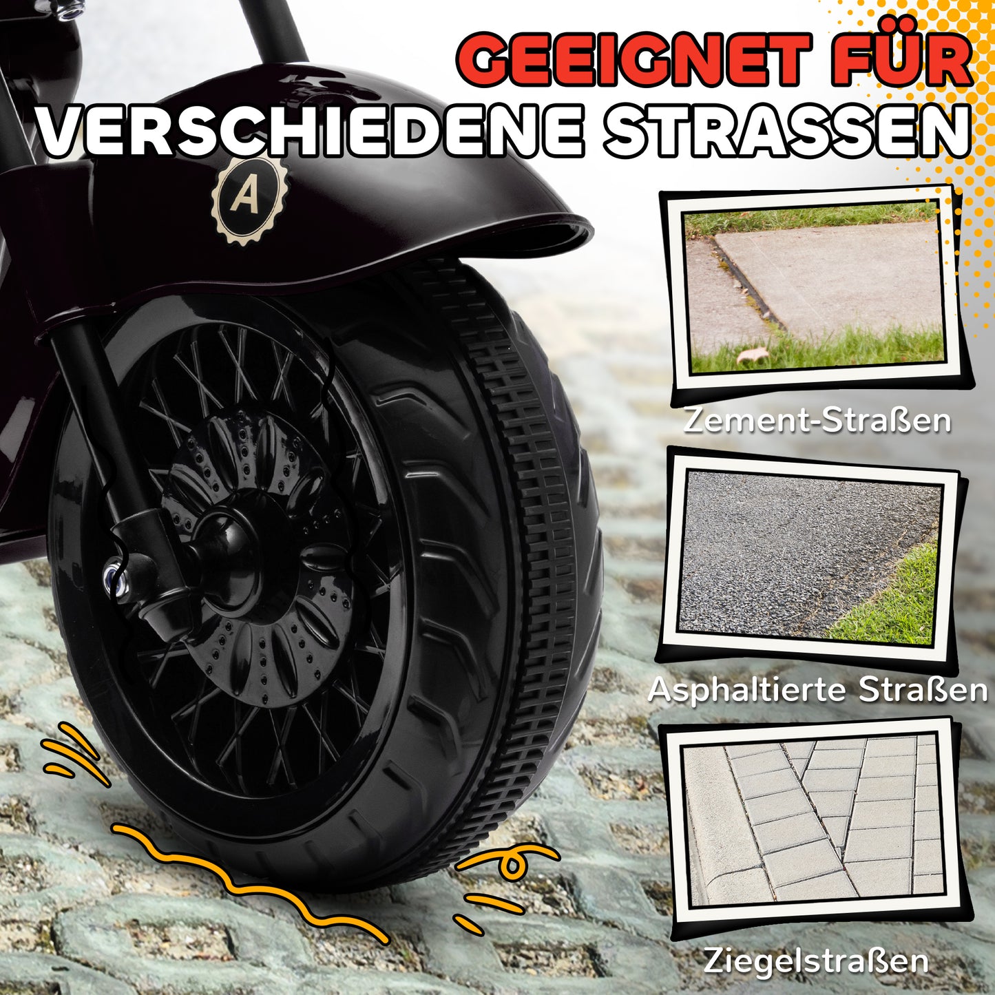 AIYAPLAY Elektro-Kindermotorrad, 3-5 km/h, Chopper, Licht & Musik, für Kinder 3-6 Jahre, Schwarz