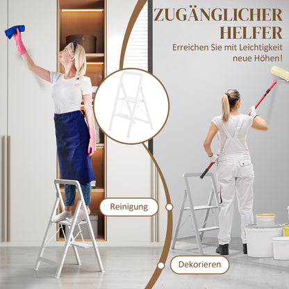 HOMCOM 2-stufige Trittleiter, Aluminum faltbar, rutschfeste Plattform, Weiß
