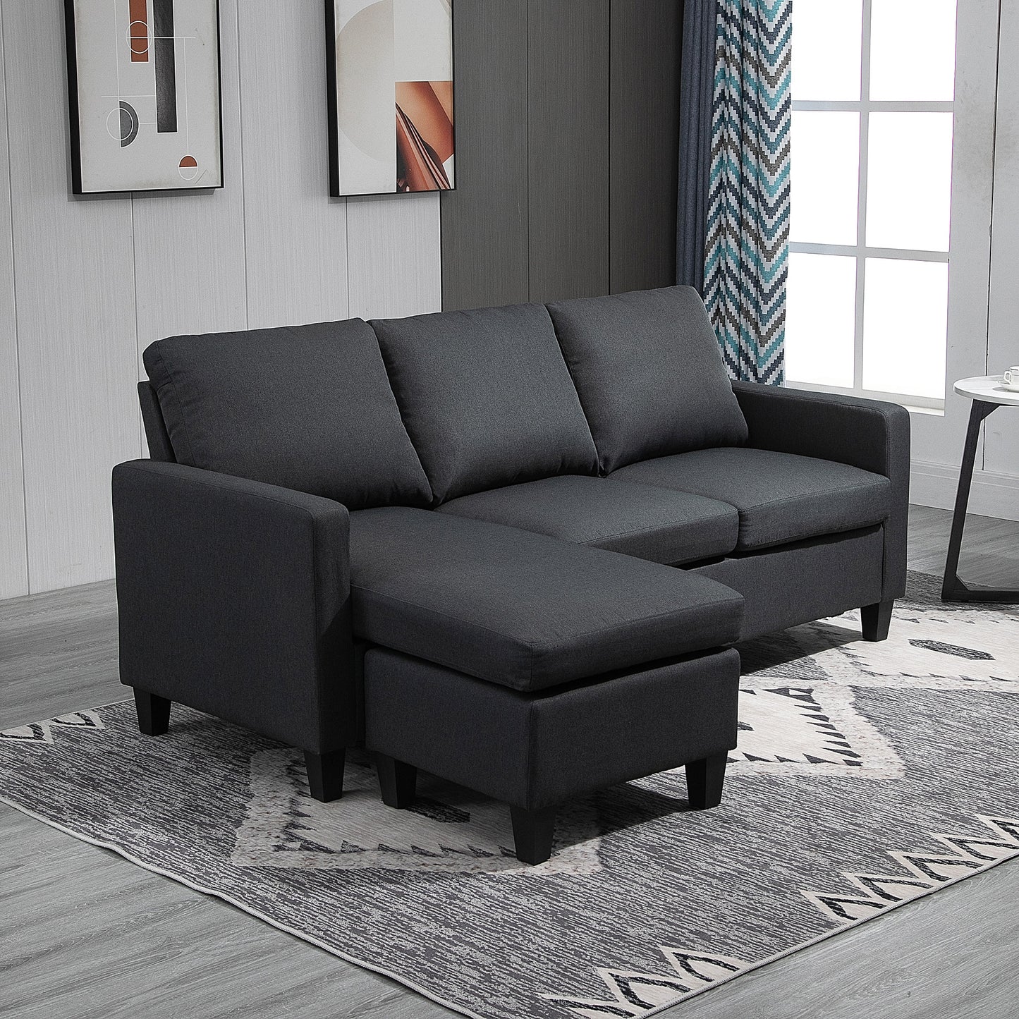 HOMCOM Ecksofa mit Schlaffunktion, 3 Sitzer Sofa und Kissen, Eckcouch, L-Form Couch für Wohnzimmer, Schlafzimmer 197 x 139 x 91 cm, Leinen, Dunkelgrau