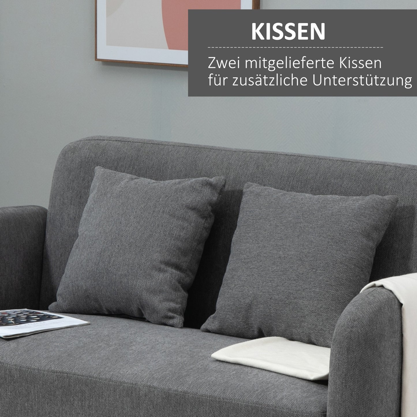 HOMCOM Sofa 2 Sitzer Couch mit 2 Wurfkissen, Kleine Loveseat mit Samtopik Modern Polstersofa für Wohnzimmer, Schlafzimmer, kleinen Raum, Grau 130 x 70 x 80 cm