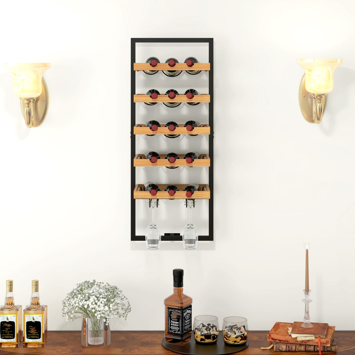 HOMCOM Wand-Weinregal, 5 Ebenen, Flaschenhalter, Gläserhalter, Kiefernholz, Stahl, Hausbar, Küche, Wohnzimmer, Braun