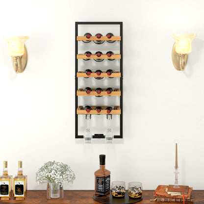 HOMCOM Wand-Weinregal, 5 Ebenen, Flaschenhalter, Gläserhalter, Kiefernholz, Stahl, Hausbar, Küche, Wohnzimmer, Braun