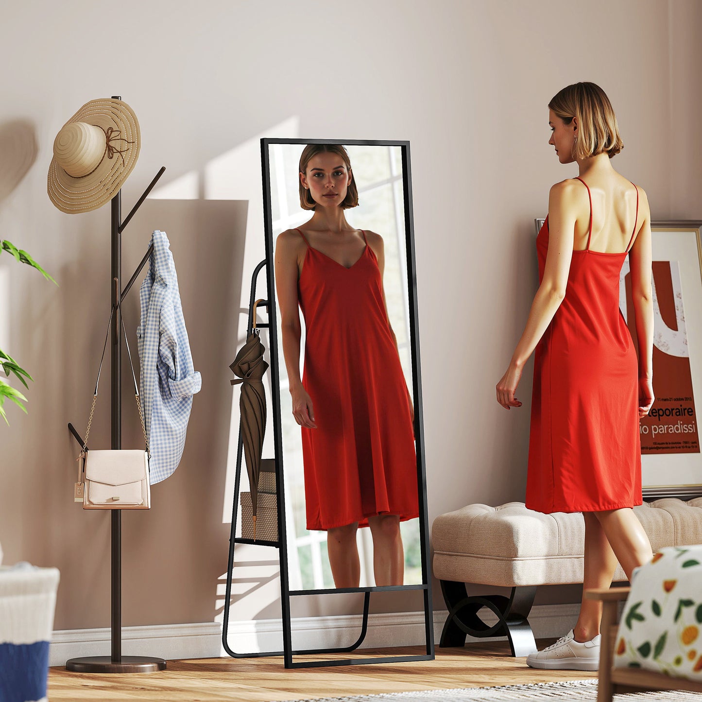 HOMCOM Ganzkörperspiegel, industrielles Design, hinteres Regal, 2 Haken, Metallrahmen, für Schlafzimmer, 157 x 50 cm, Schwarz