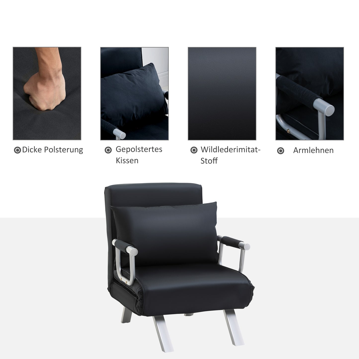 HOMCOM 3-in-1 Schlafsofa, Gästebett, Sessel inklusive Kissen, Schwarz