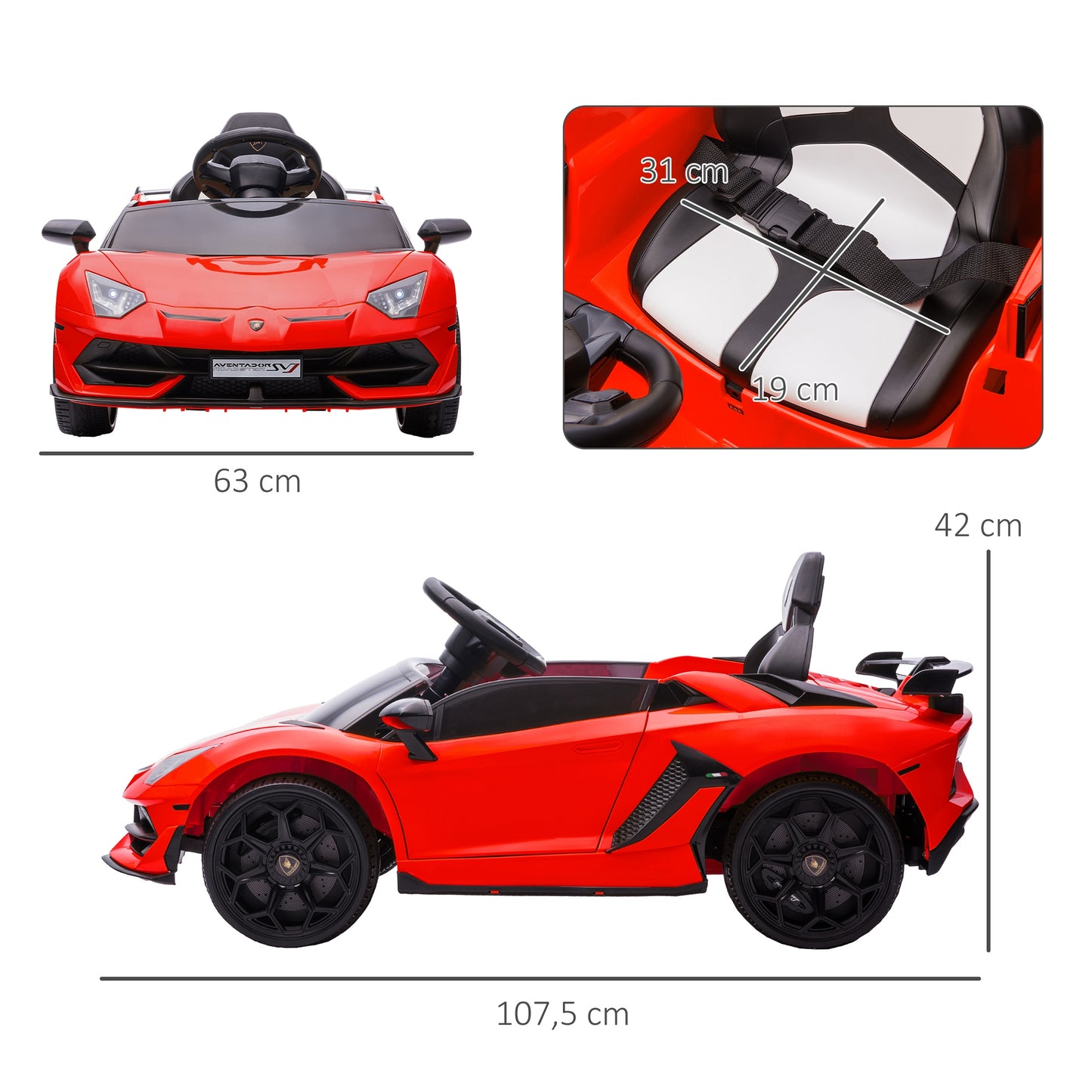 HOMCOM Elektro-Kinderauto, lizenzierter Lamborghini Aventador, Flügeltüren, Musik, Hupe, für 3-5 Jahre, rot