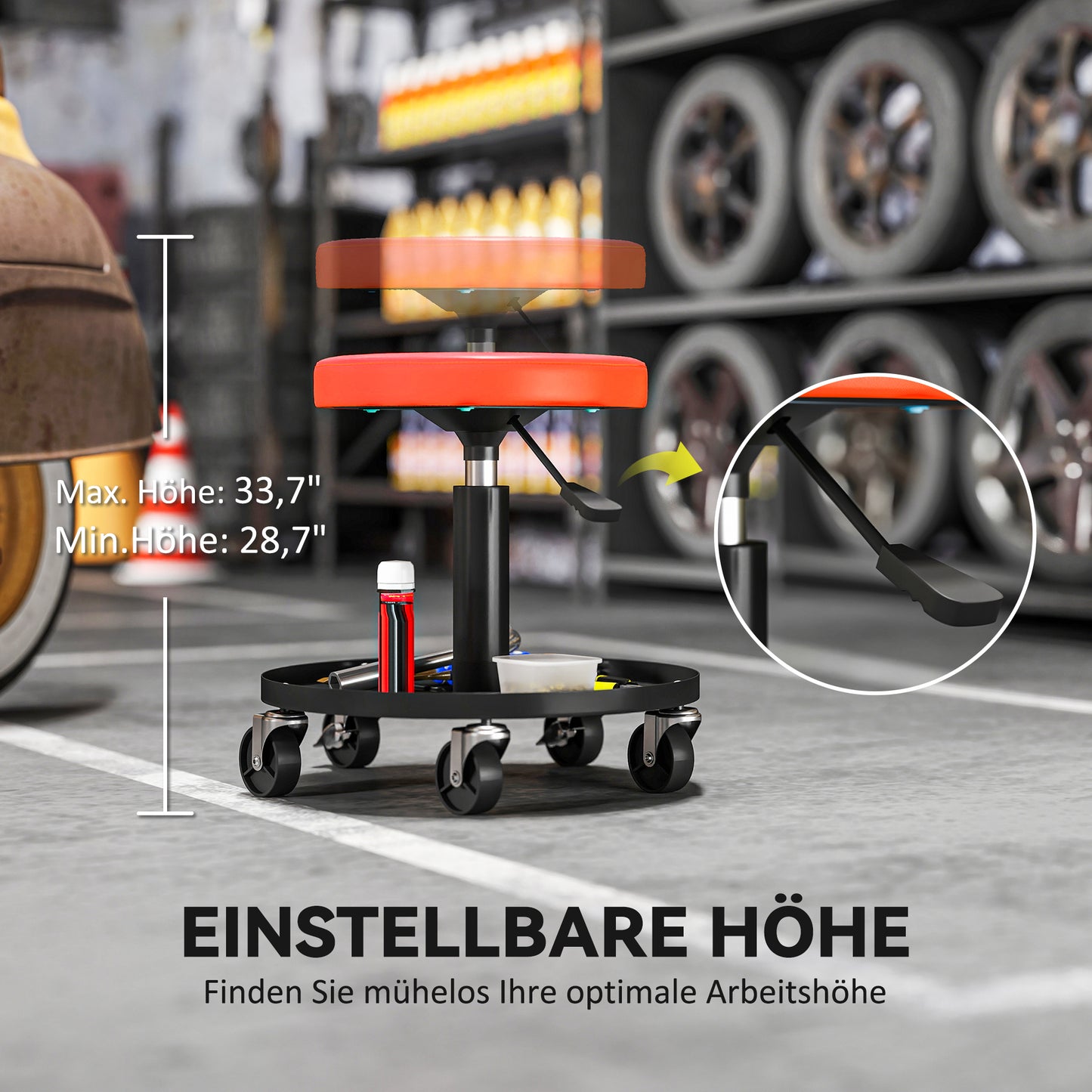HOMCOM Werkstatthocker mit Rollen Ablagefläche höhenverstellbar 38-50cm bis 135 kg belastbar Orange
