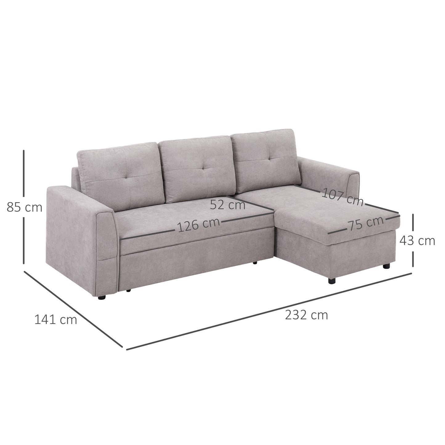 HOMCOM 3-Sitzer-Sofa mit Bettfunktion, Schlafsofa mit Chaiselongue, Polstersofa, Grau