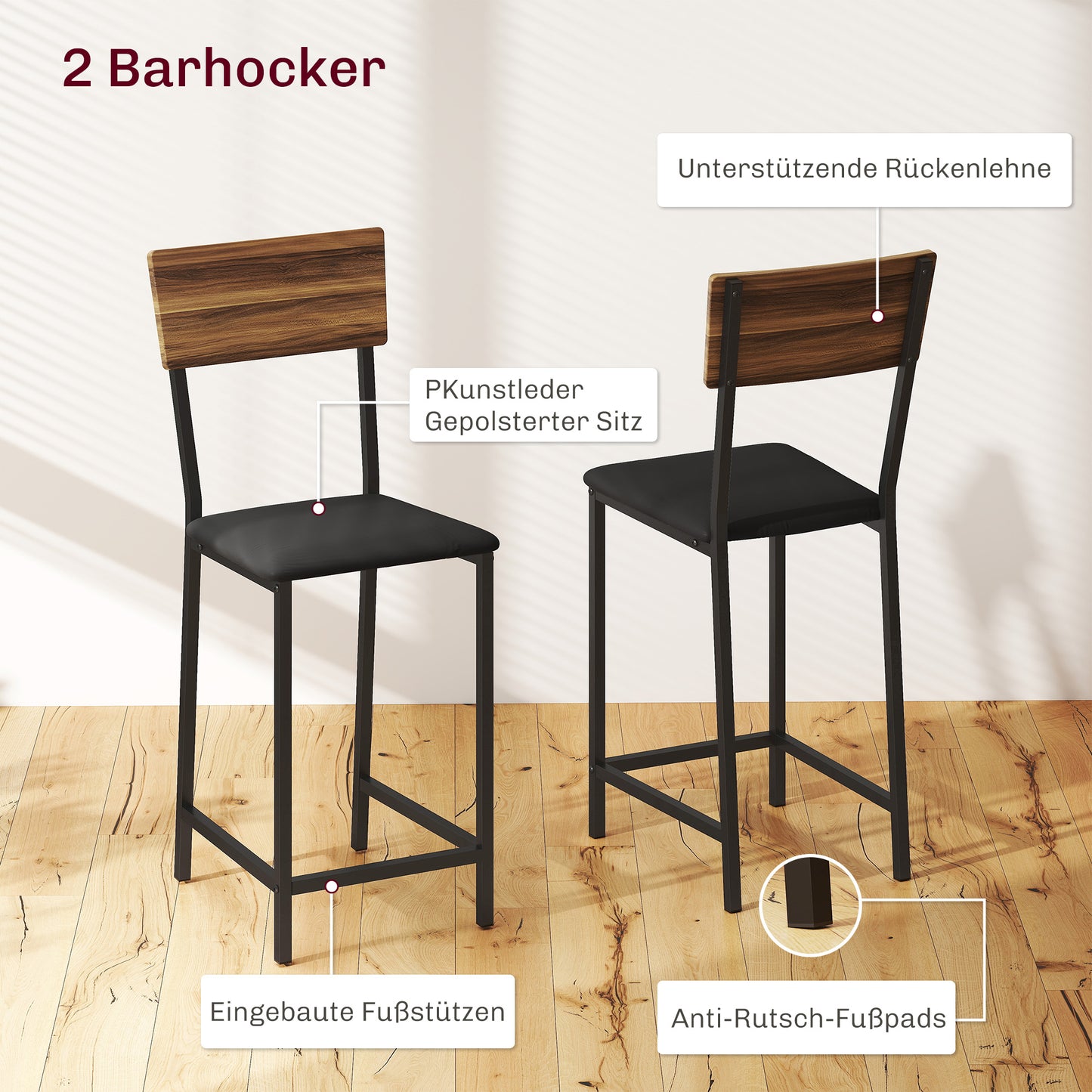 HOMCOM 3-teiliges Bartisch-Set, 1 Bartisch, 2 Stühle, mit Weinregal, Glashalter, Offene Regale, Fußstützen, Braun