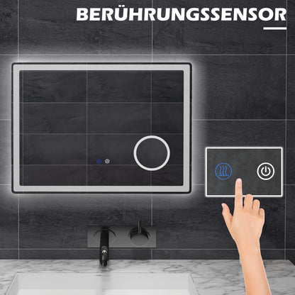 kleankin LED Badezimmerspiegel mit 3x Vergrößerung, Touch-Funktion, Memory-Funktion, kein Beschlagen, 80 x 60 cm