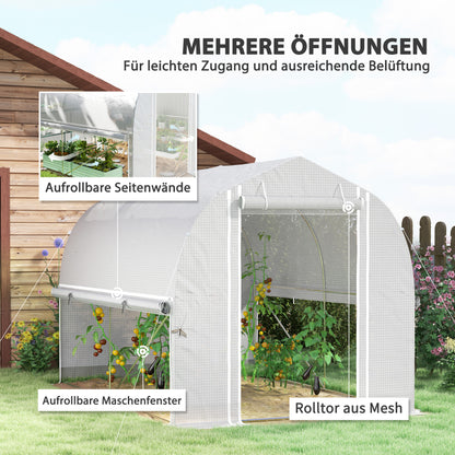 Outsunny 3 x 2 x 2 m Polytunnel-Gewächshaus mit aufrollbaren Seitenwänden, UV-beständiger Kunststoff-Plane und Stahlrahmen, Weiß