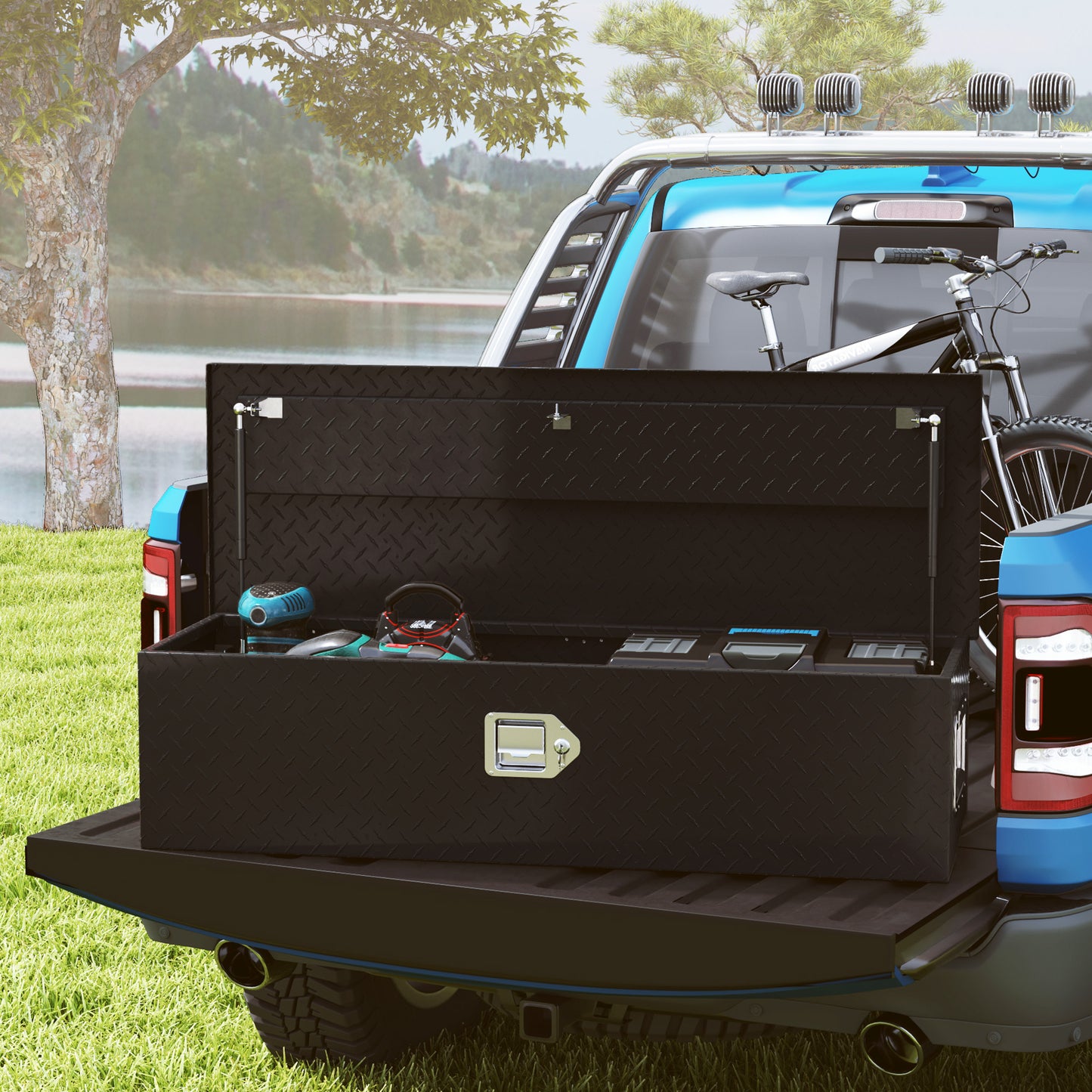 HOMCOM Stabile Aufbewahrungskiste aus Aluminium mit Seitengriffen, Schloss und Schlüsseln, Werkzeugkasten, 99 x 33 x 25,4 cm