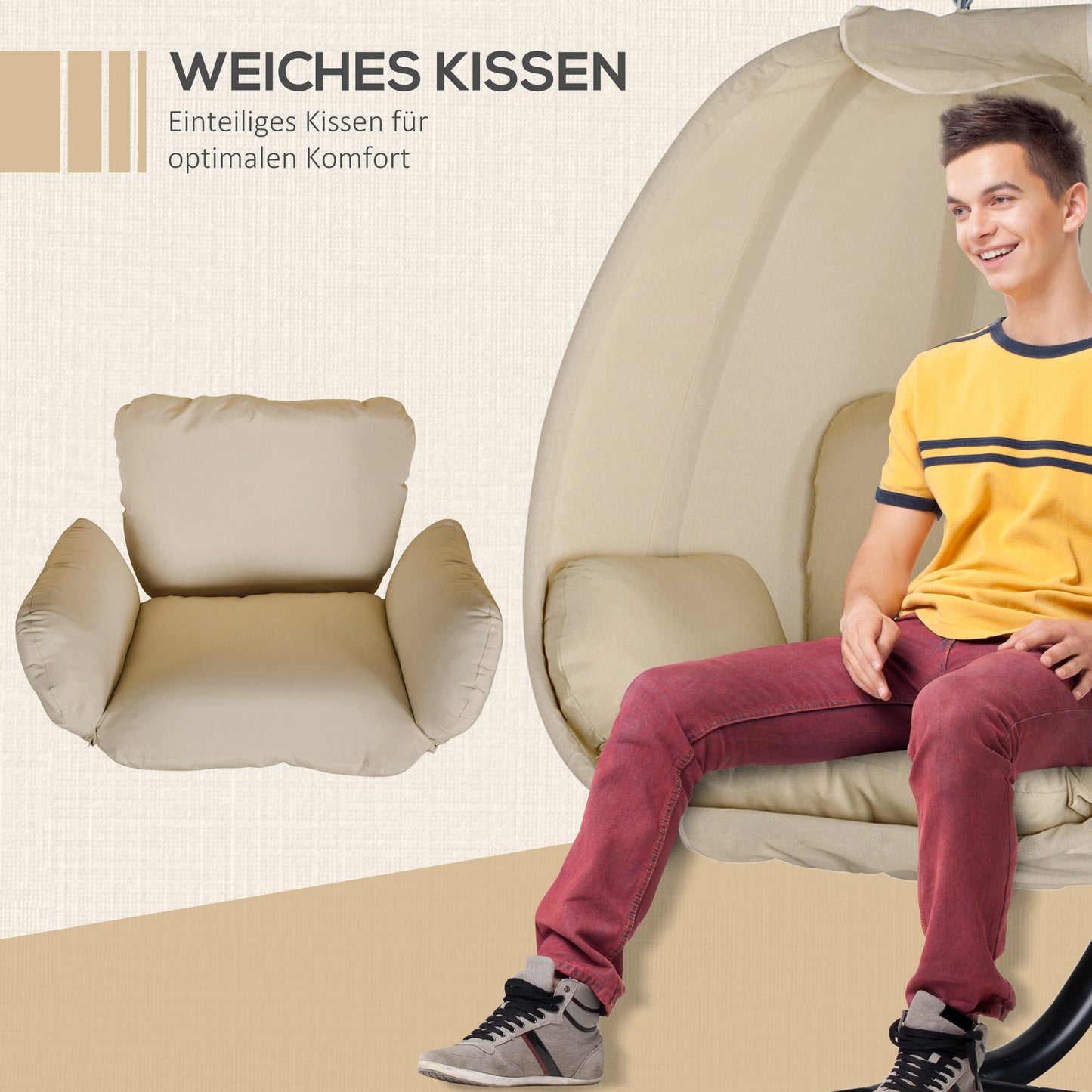 Outsunny Hängesessel, Eiförmiger Schaukelsitz mit weichem Kissen, für drinnen und draußen geeignet, 125L x 95B x 170H cm, Khaki