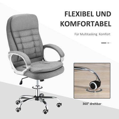 Vinsetto Bürostuhl Arbeitsstuhl Schreibtischstuhl Drehstuhl 360° Ergonomisch Wippfunktion Höhenverstellbar Grau Leinen 64 x 75 x 111-121 cm