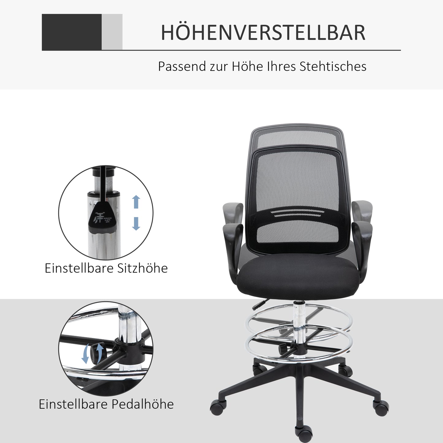 Vinsetto Bürostuhl Ergonomischer Schreibtischstuhl mit Armlehnen und Verstellbarer Fußring, Höhenverstellbarer Drehstuhl mit Netzbespannung Schwarz
