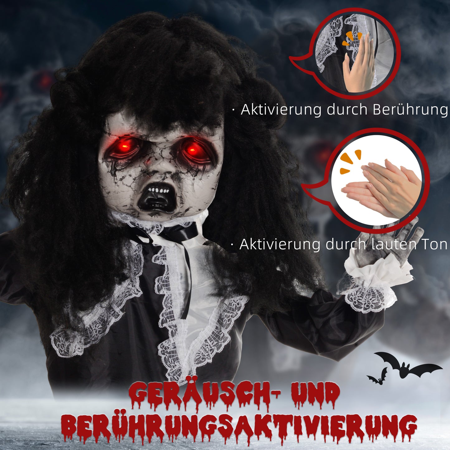 HOMCOM Horrorpuppe, Helloweendeko, gruselige Stimme & Musik, rote Augen, beweglich, 160 cm