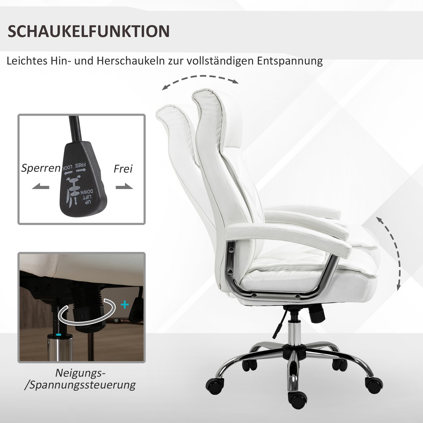 Vinsetto Bürostuhl, ergonomisk Schreibtischstuhl, höhenverstellbarer Drehstuhl med Wippfunktion, Rautenmuster, Konstledare, Gepolsterter Chefsessel, Weiß