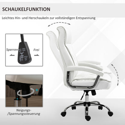 Vinsetto Bürostuhl, ergonomisk Schreibtischstuhl, höhenverstellbarer Drehstuhl med Wippfunktion, Rautenmuster, Konstledare, Gepolsterter Chefsessel, Weiß