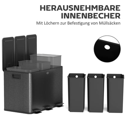 HOMCOM Mülleimer mit 3 x 20 L Fächern, Deodorant-Deckel, fingerabdrucksicher, Soft-Close, herausnehmbar, Schwarz