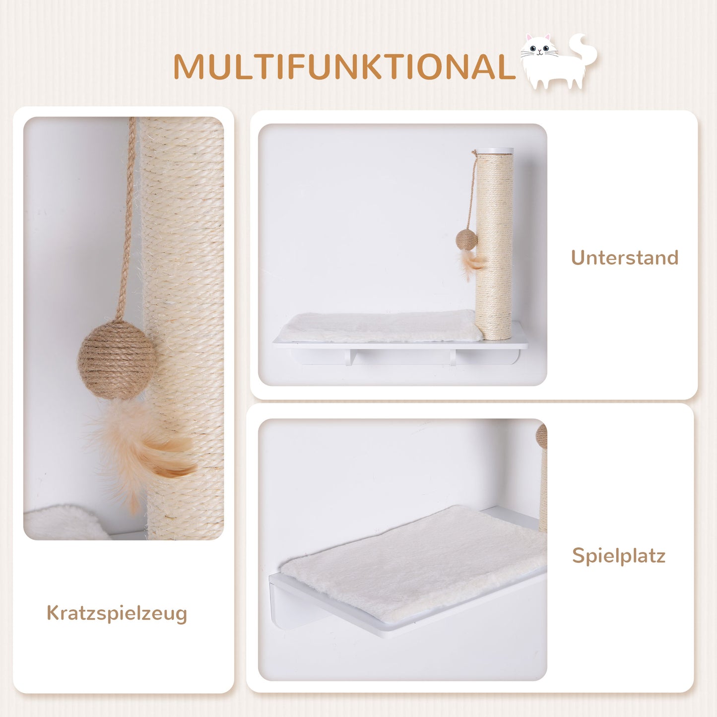 PawHut Kletterwand Katzen, Wandkratzbaum, Katzenliege mit Kratzbaum,53cm Katzenregal mit Ballspielzeug, Plüschauflage, Katzenkratzbaum, Katzensäule, Weiß
