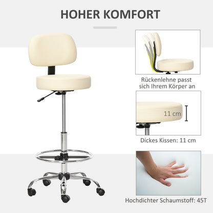 HOMCOM Barhocker Drehstuhl Höheverstellbarer Barstuhl mit Rollen aus Kunstleder-Leder Arbeitshocker Bürohocker 360° schwenkbar mit Lehne Gepolstertet Beige 56 x 57 x 104-127 cm