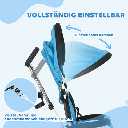 HOMCOM 6-in-1 Kinderdreirad mit Schiebestange, Dach, Gurt, Ablagekorb, für 1-5 Jahre, Blau