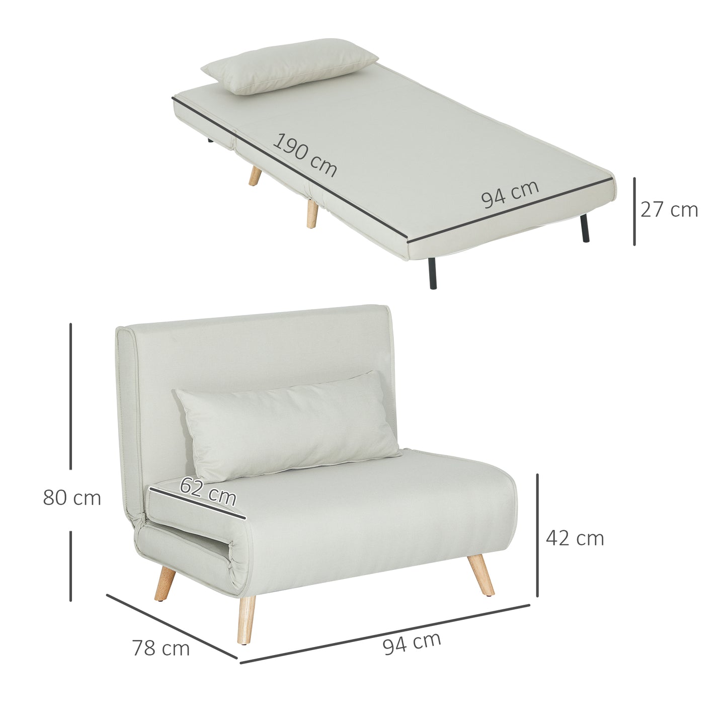 HOMCOM Einzelsofa Schlafsofa Sofabett Klappsofa verstellbar Rückenlehne Liege nordisch skandinavisch 25D Schaumstoff Haus Leinenimitat Tannenholz Cremeweiß 94 x 78 x 80 cm