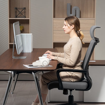 HOMCOM Bürostuhl mit weicher Rückenlehne, Räder, Armlehnen, höhenverstellbarer Schreibtischstuhl, Kunstwolle, Grau