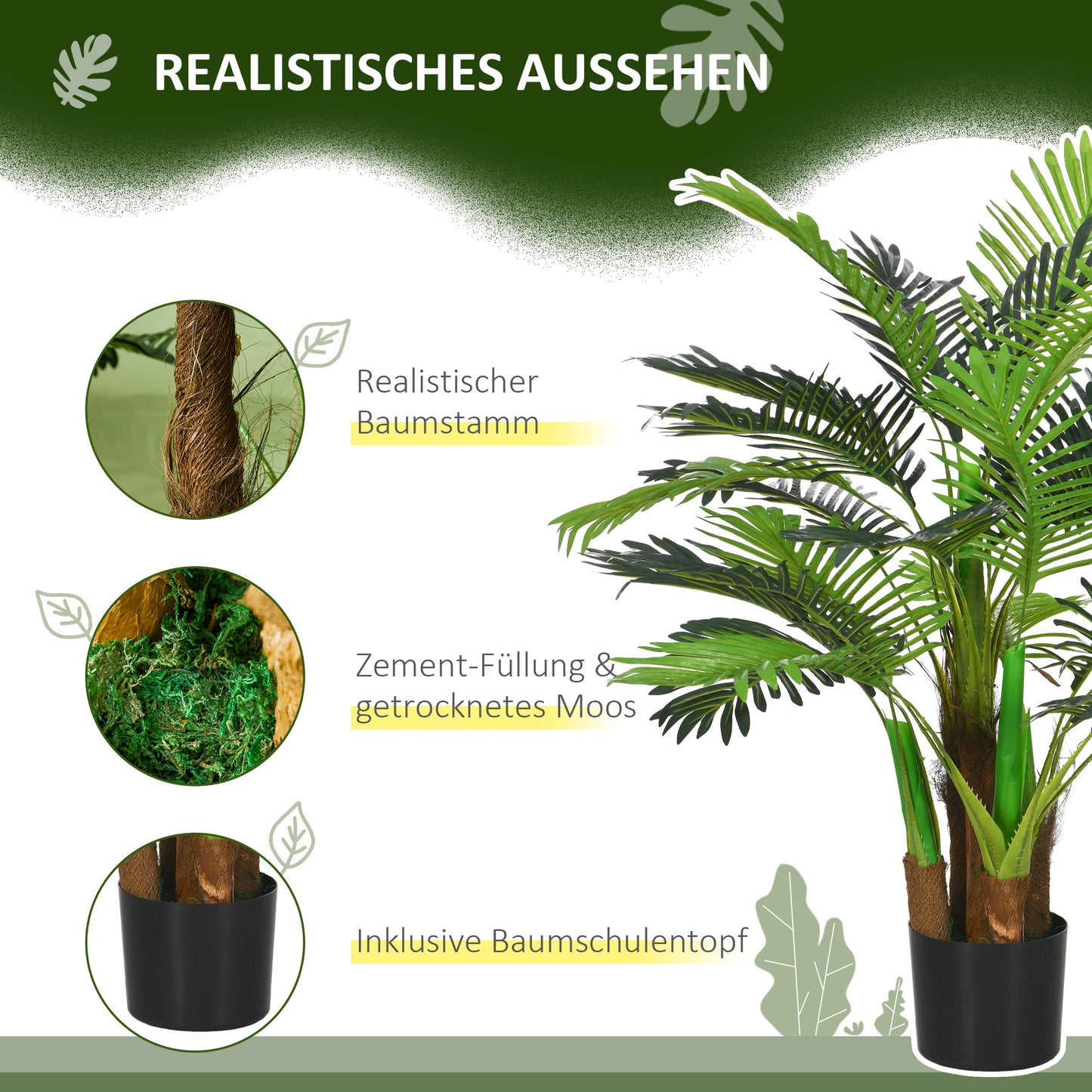 HOMCOM Künstliche Palme, 1 m, realistische Zweige, Dekorationspflanze, Kunststoff, mit Topf, Braun+Grün
