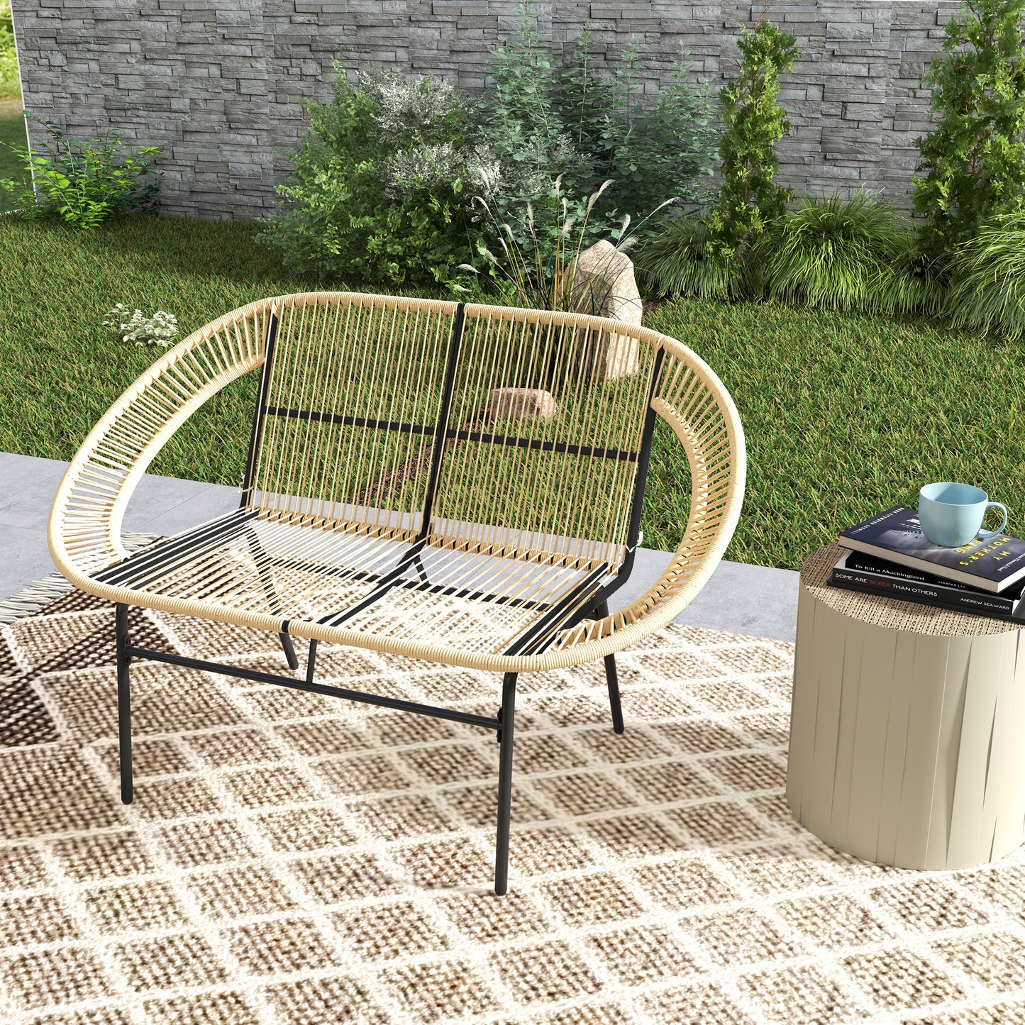 Outsunny 2-Sitzer Gartenbank Polyrattan, wetterfest Sitzbank im Rattanflecht-Design, UV-Beständig 260kg belast Khaki