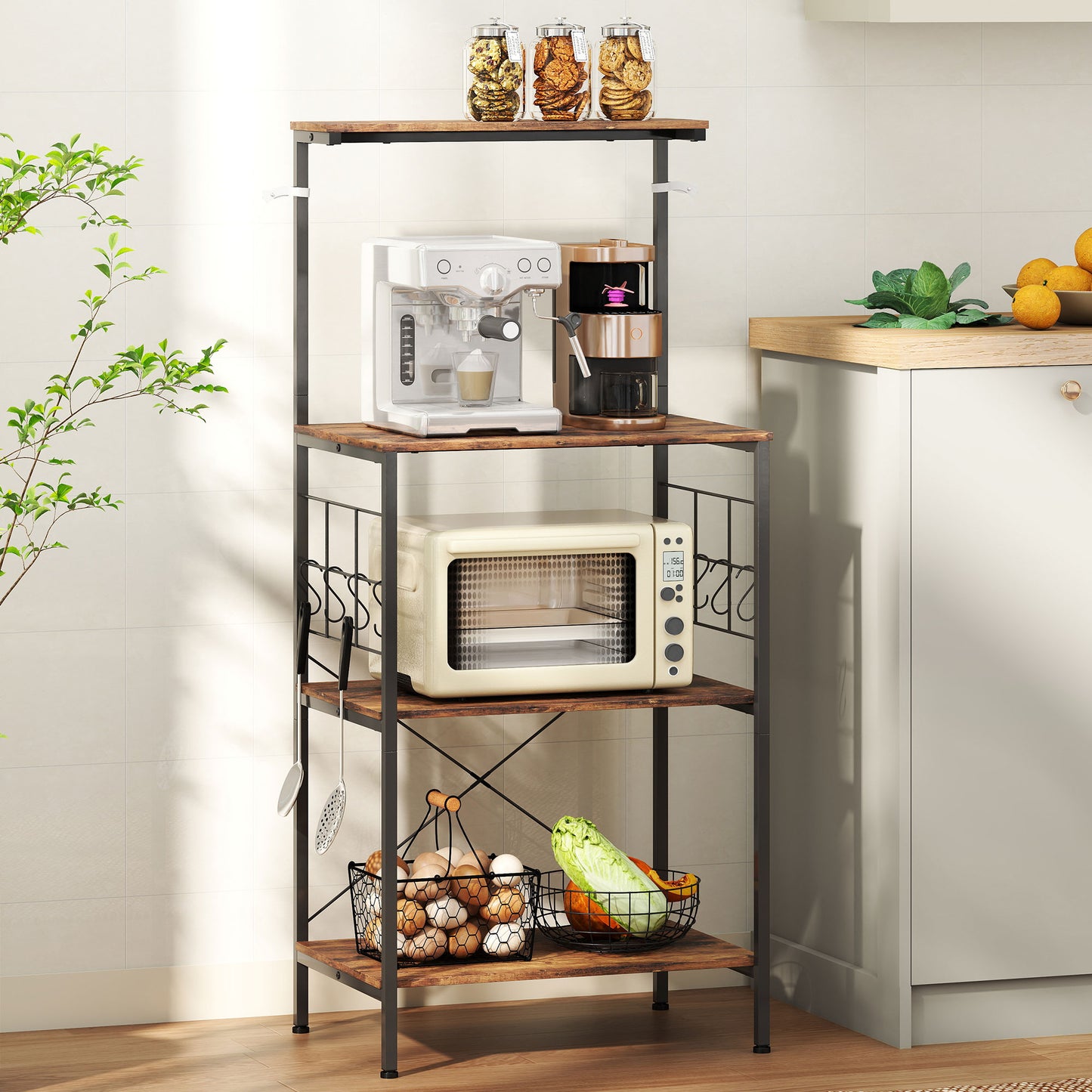 HOMCOM Küchenregal, 4-stufiges Design, Arbeitsplatte, 8 Haken, Metallrohre, Braun+Schwarz