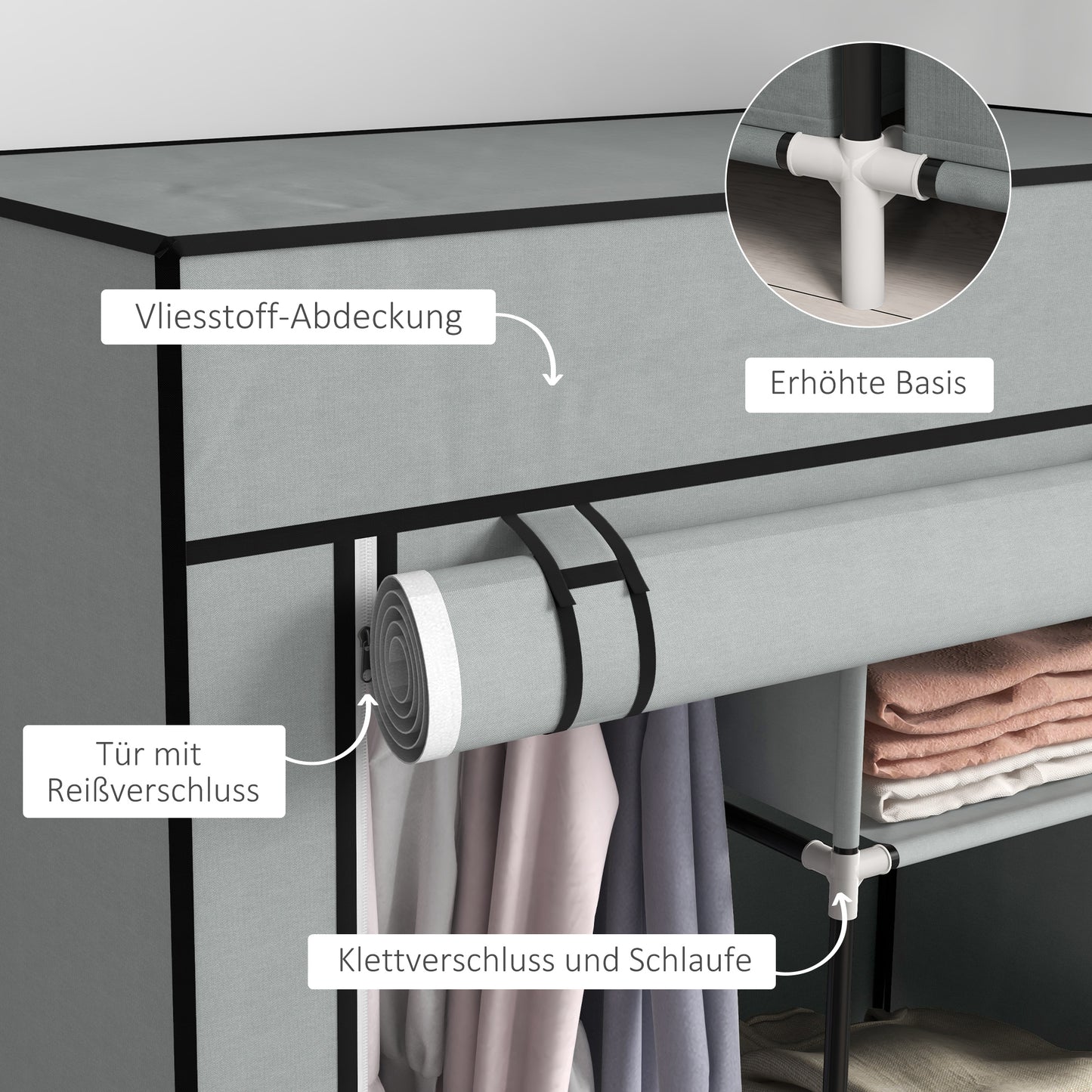HOMCOM Kleiderschrank Stoffschrank 1 Kleiderstange, 2 Schubladen, 83 x 42.5 x 162,5 cm, Grau