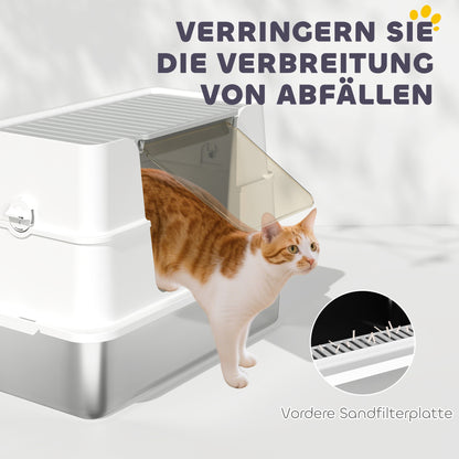 PawHut Katzentoilette, Edelstahl, XL-Innenraum, mit Schaufel, Hellgrau