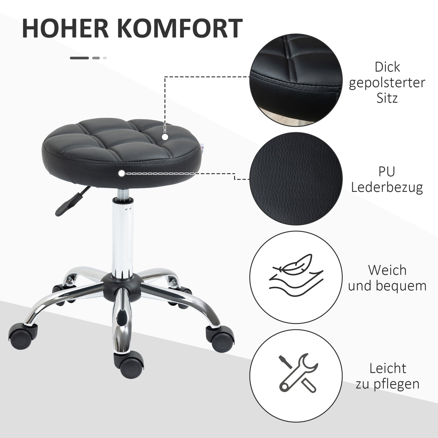 HOMCOM 2er-Set Rollhocker höhenverstellbar, Drehhocker 48-63 cm, Arbeitshocker 360° drehbar, Bürohocker für Büro, Salon, Massage, Spa, Schwarz