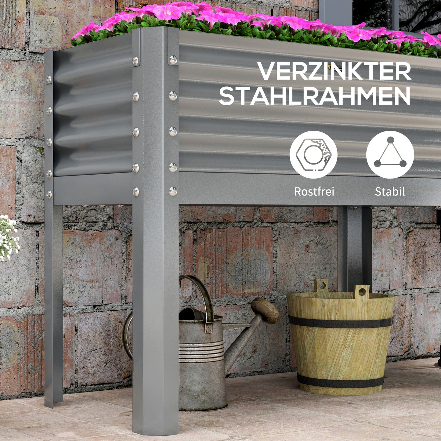 Outsunny Hochbeet Pflanzenbeet Pflanzkasten, wetterbeständig, 100 cm x 45 cm x 80 cm, Silber