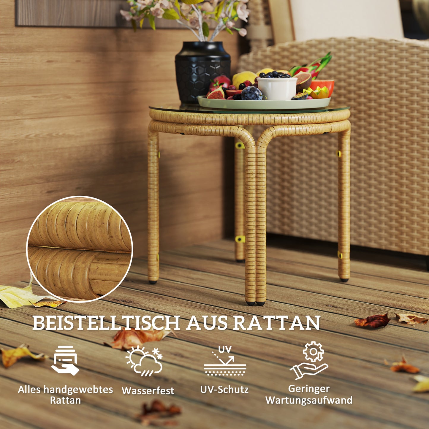 Outsunny Beistelltisch aus Polyrattan runder Couchtisch mit Glas Tischplatte Nachttisch Ø50 cm Gelb