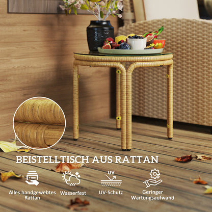 Outsunny Beistelltisch aus Polyrattan runder Couchtisch mit Glas Tischplatte Nachttisch Ø50 cm Gelb