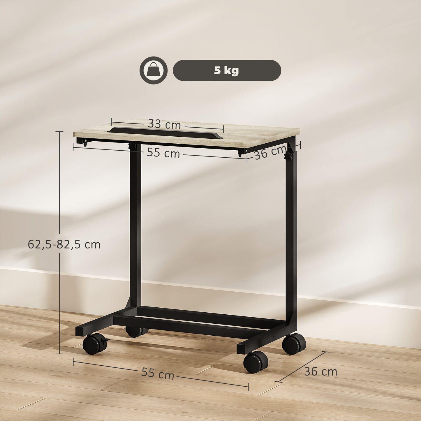 HOMCOM Beistelltisch, Schreibtisch, Nachttisch, höhenverstellbar, 4 Rollen, Metallrahmen