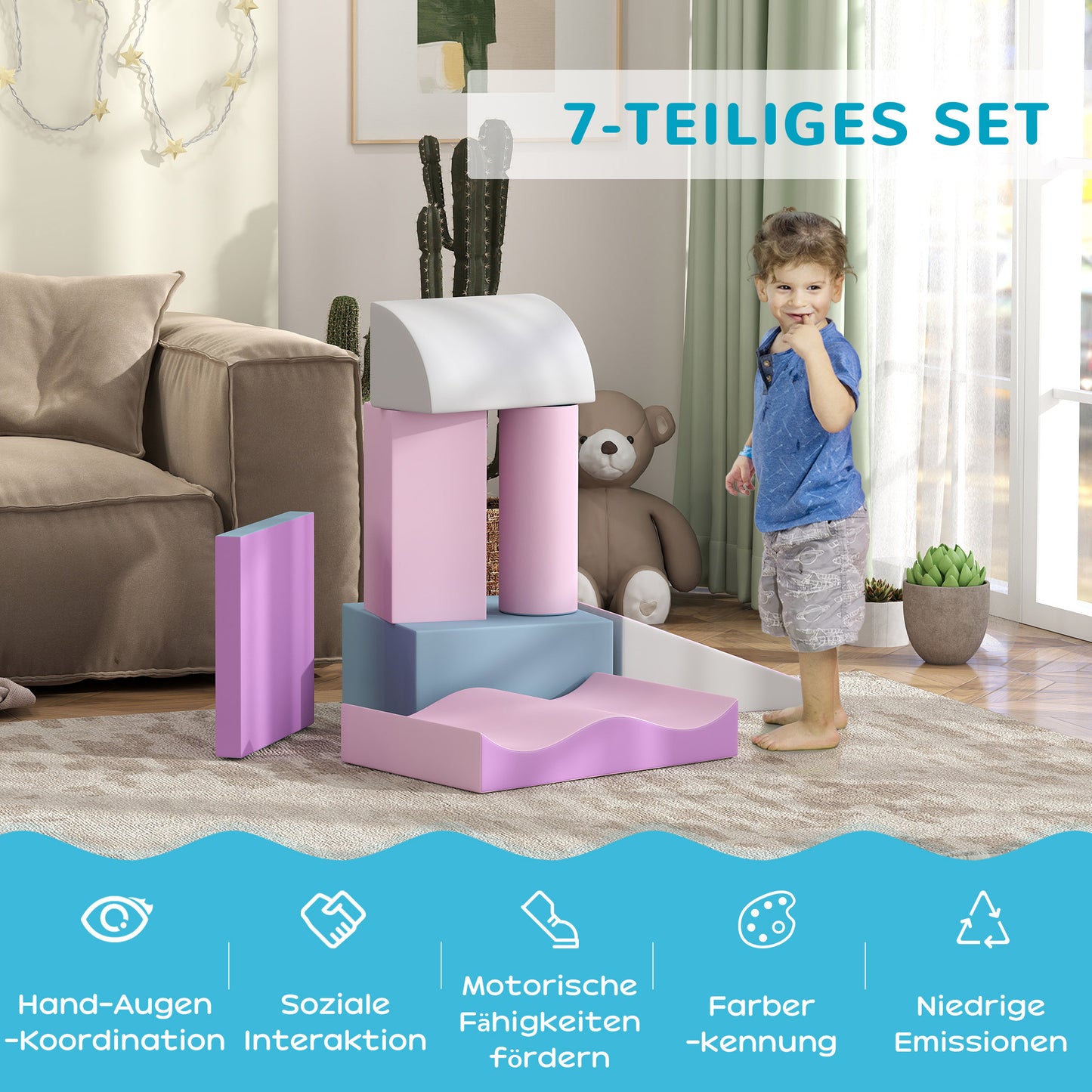 HOMCOM Schaumstoff-Bausteine für Kinder, fördert Kreativität, Kunstleder, 40x40x20 cm, Mehrfarbig, 1-3 Jahre