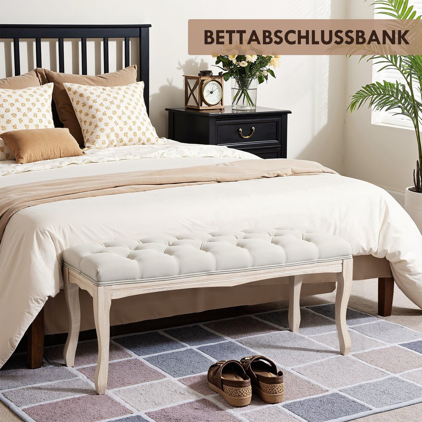 HOMCOM Sitzbank Polsterbank mit Leinen-Bezug Bettbank mit Holzrahmen, Schuhbank für Schlafzimmer, Wohnzimmer, Flur 110 x 40 x 48 cm Beige