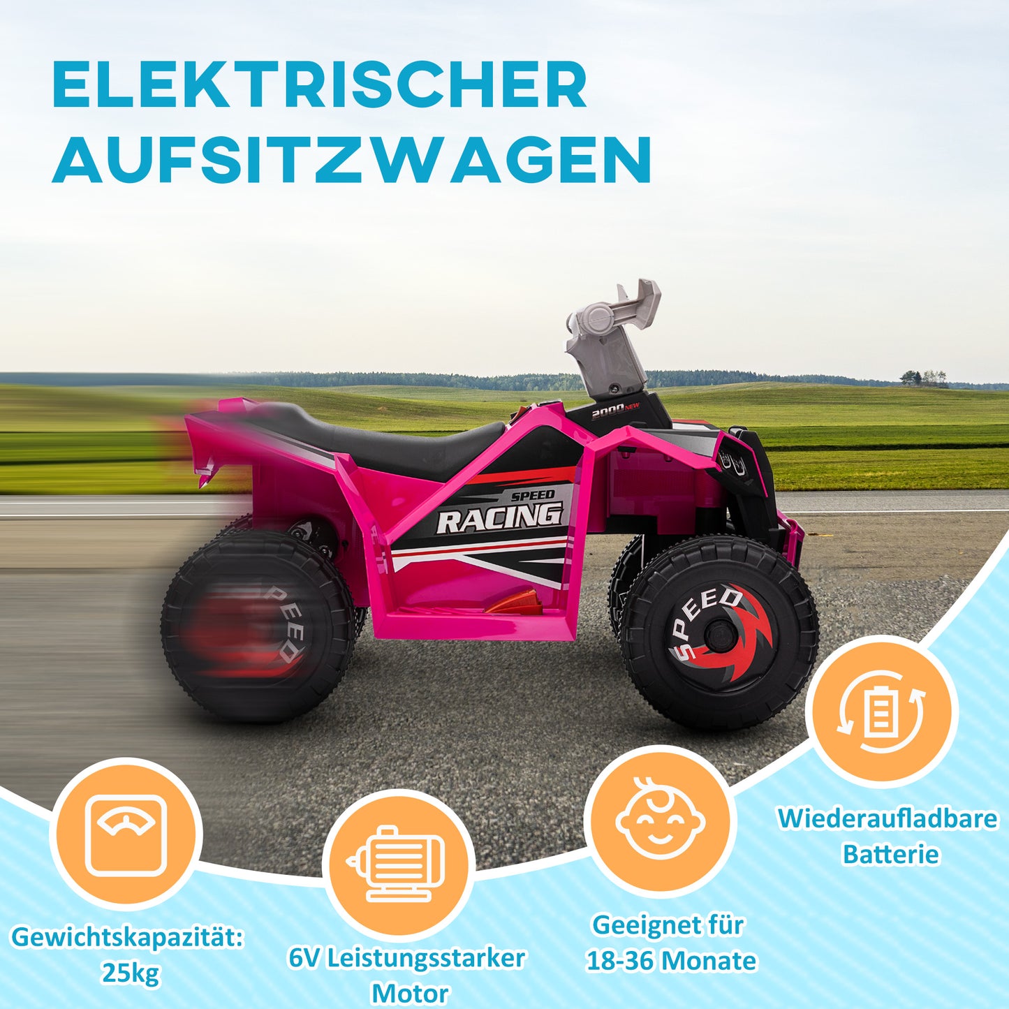 HOMCOM Elektro-Kinderquad, 2,5 km/h, Vorwärts- & Rückwärtsgang, für 18-36 Monate, Rosa