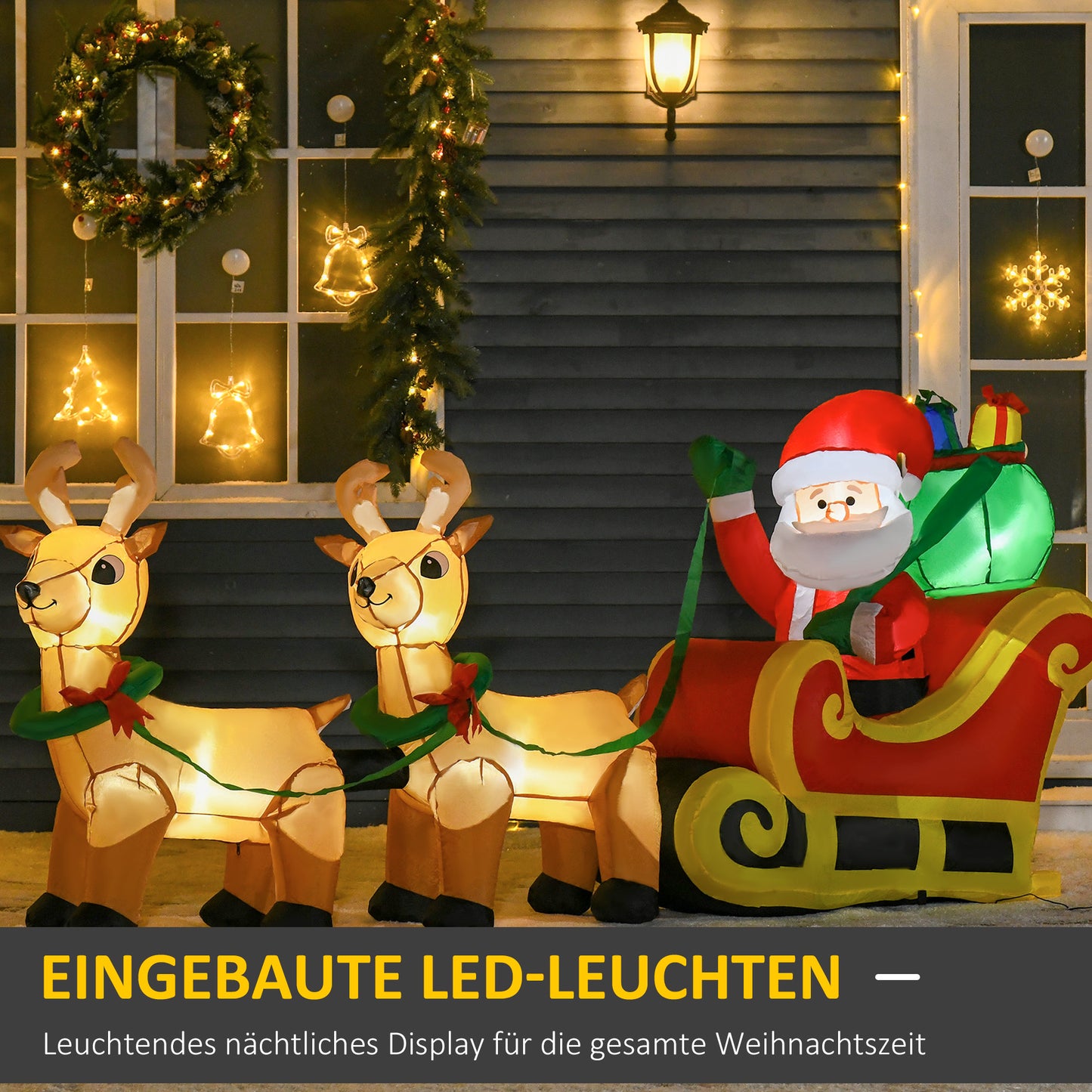 HOMCOM Aufblasbarer Weihnachtsmann mit Schlitten, 6 LED-Lichter, wasserdicht, 240 x 57 x 112 cm