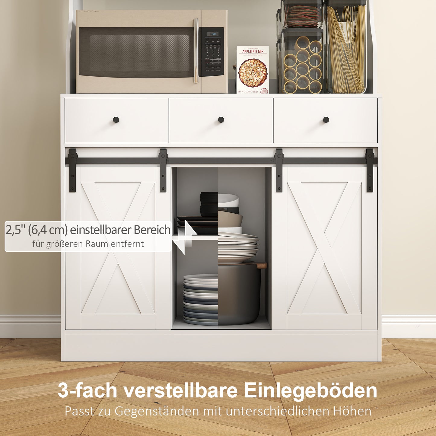 HOMCOM Küchenschrank mit Regalen, Schränken, Schubladen und Ablagefläche, Bauernhaus-Flair, verstellbare Regale, Holz, Weiß