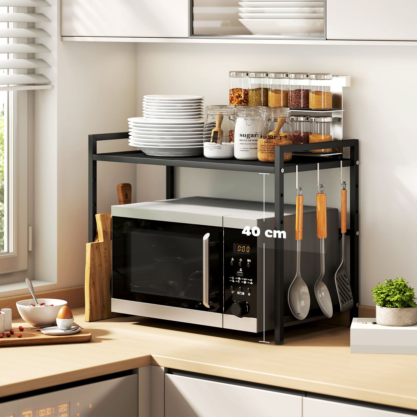 HOMCOM Mikrowellenregal, 3 Haken, ausziehbar, Metall, 40 cm hoch, Schwarz