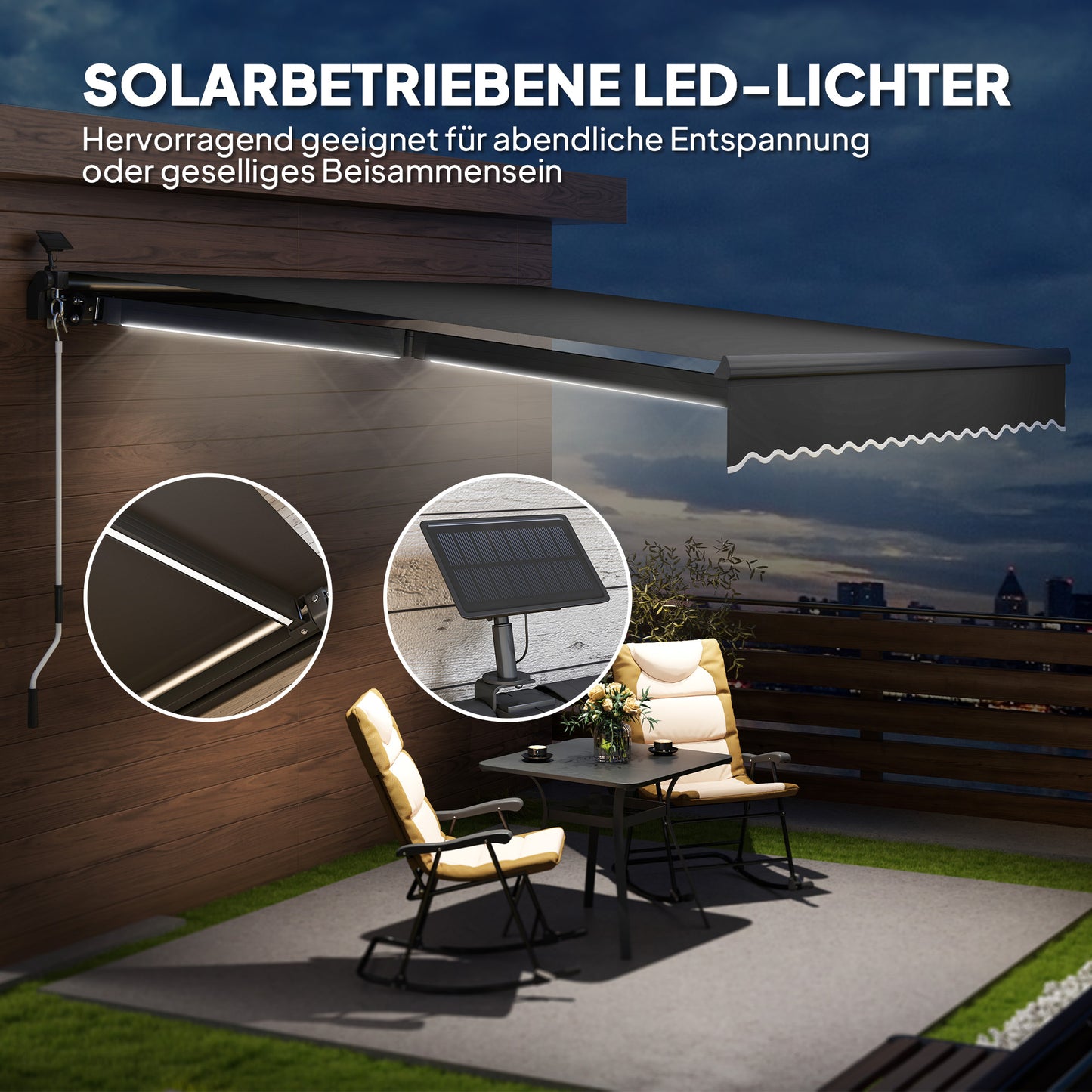 Outsunny Klemmmarkise mit Handkurbel Solar-Lichte Gelenkarmmarkise Markise Sonnenschutz UV 50+ 400 cm breit Grau