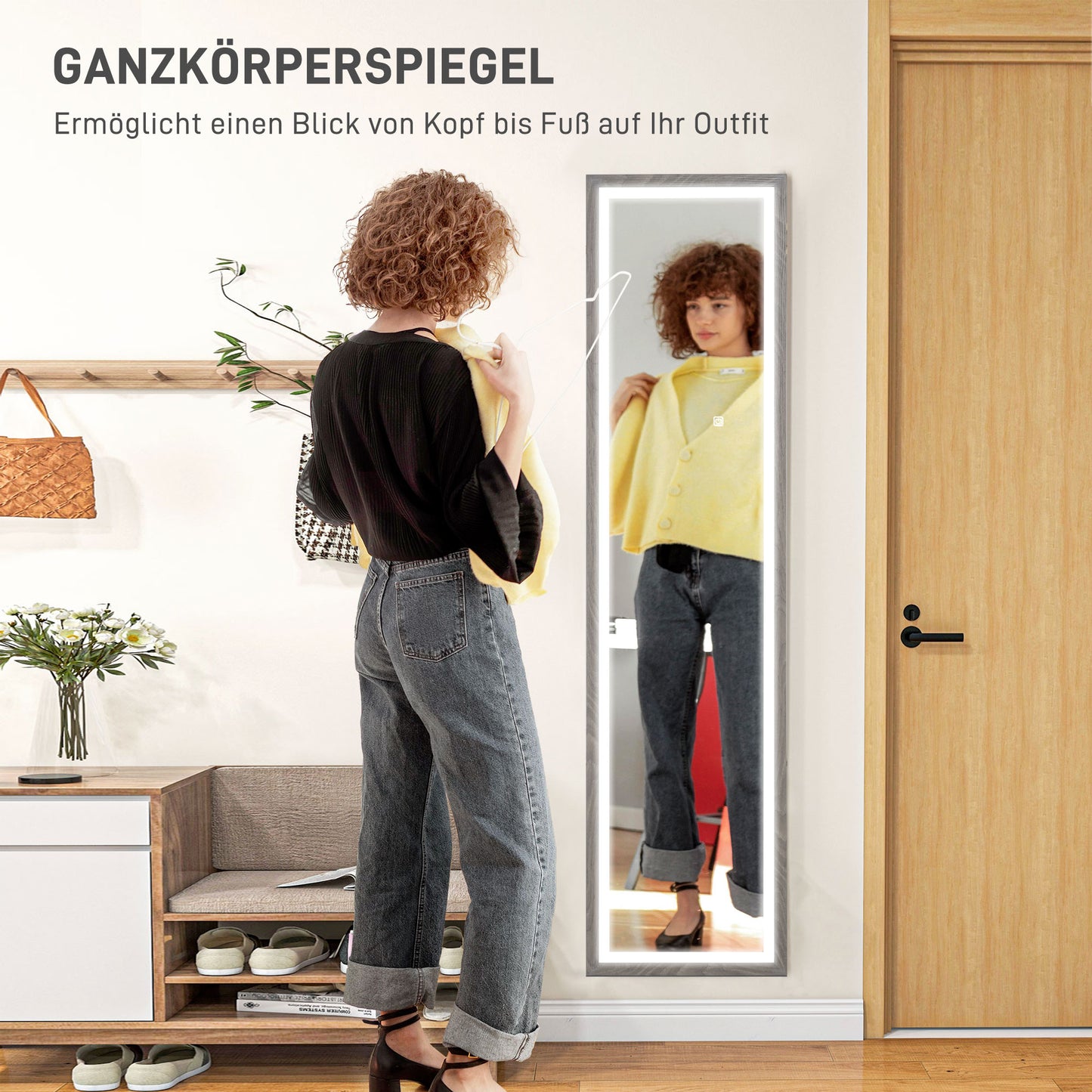 HOMCOM LED Ganzkörperspiegel, 40 x 160 cm, Touch-Steuerung, dimmbar, 3 Farben, Grau