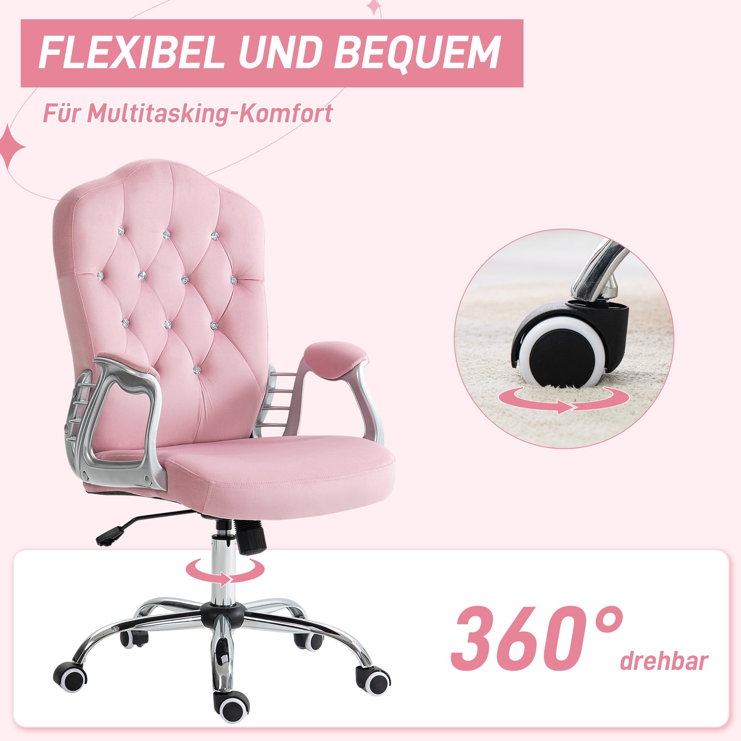 Vinsetto Bürostuhl, neigbare Lehne, höhenverstellbar, Samtoptik, bis 120 kg, Rosa