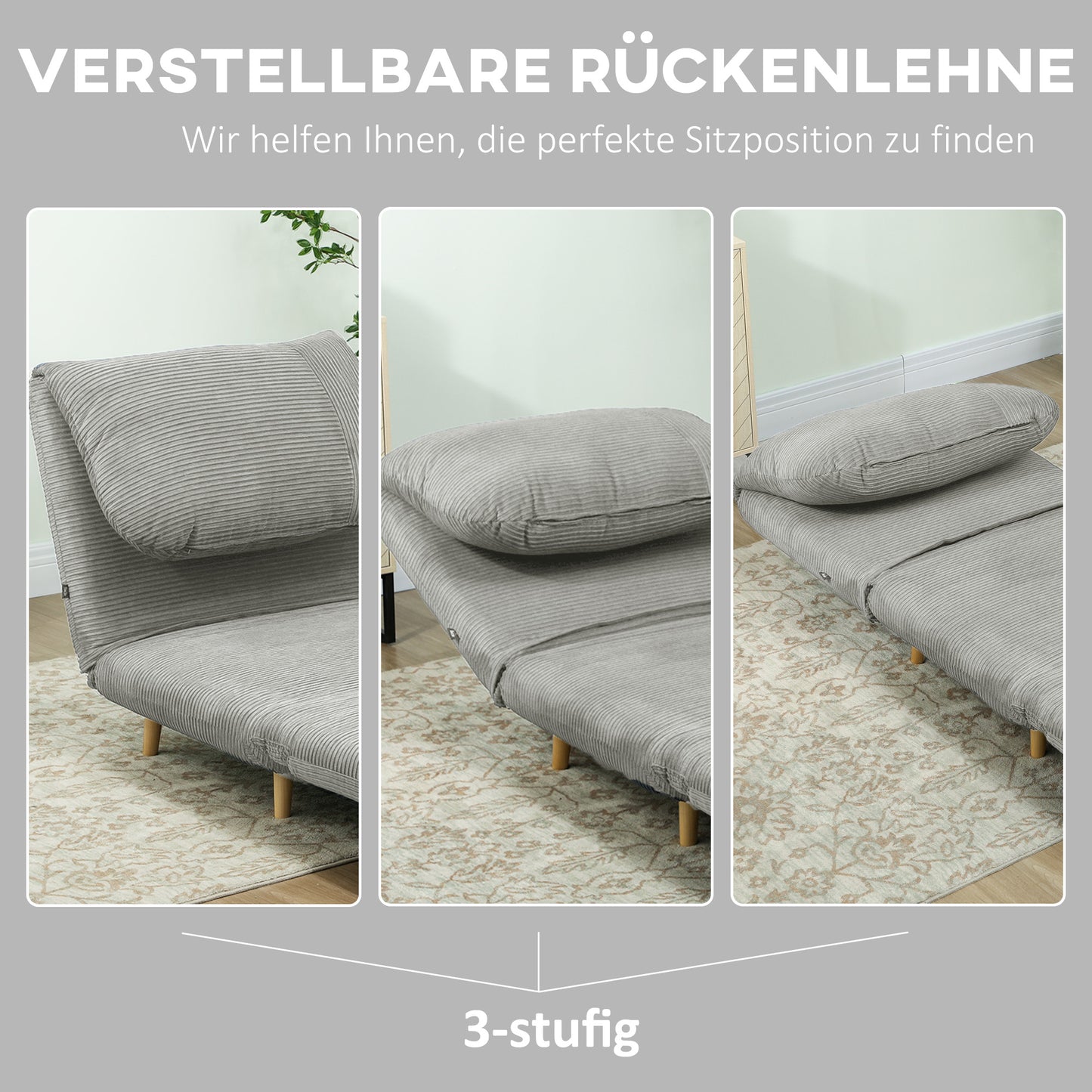 HOMCOM 2-in-1 Schlafsessel Gästebett, verstellbare Kopfstütze Cord-Optik 82 cm x 8 cm x 83 cm Grau